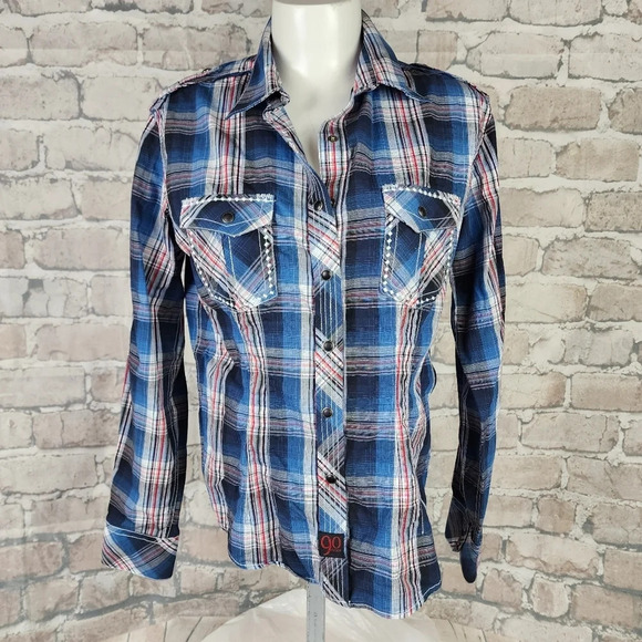 Panhandle Slim Tops - Panhandle Slim Plaid Pearl Snap Shirt  Embroidered Blue Red Size Medium